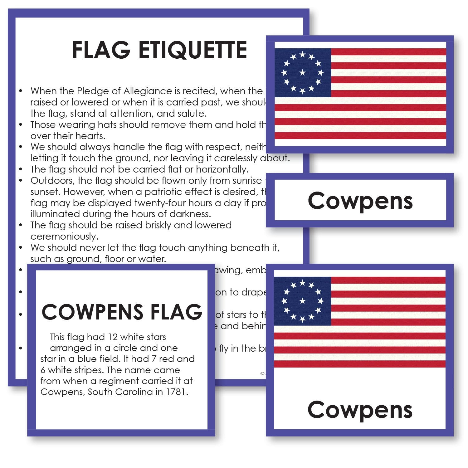 Geography Material-Flags, Maps & Globes - Historical Flags Of The United States 3-Part Cards With Descriptions